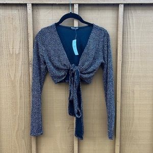 Fashion Nova Black Sparkle Tie Front Long Sleeve Top